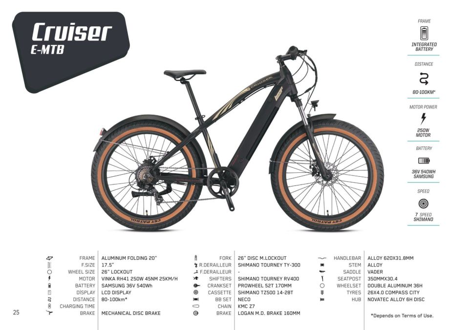 Loop Cruiser 26 Fatbike Elektrikli MTB Bisiklet 44cm Siyah